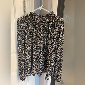 Loft Black Floral Smocked Neck Long Sleeve Top - Size XL